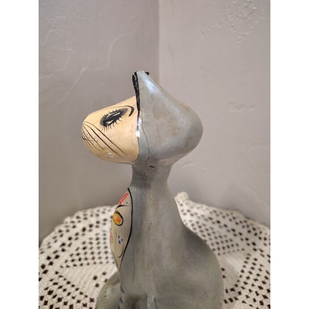 Handpainted Tall Cat Long Neck Folk Art Paper Mache Multicolor Home Decor 8" - Picture 8 of 13